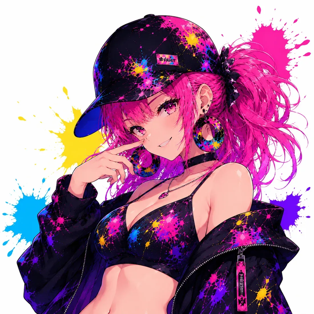 yuuma.dev のマスコット — ペイントスプラッシュ柄のキャップをかぶった女の子のイラスト
